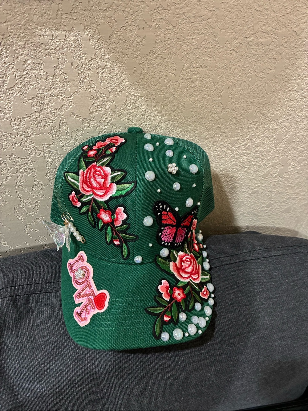 Junk Trucker Embellished Green Floral & Butterfly Hat